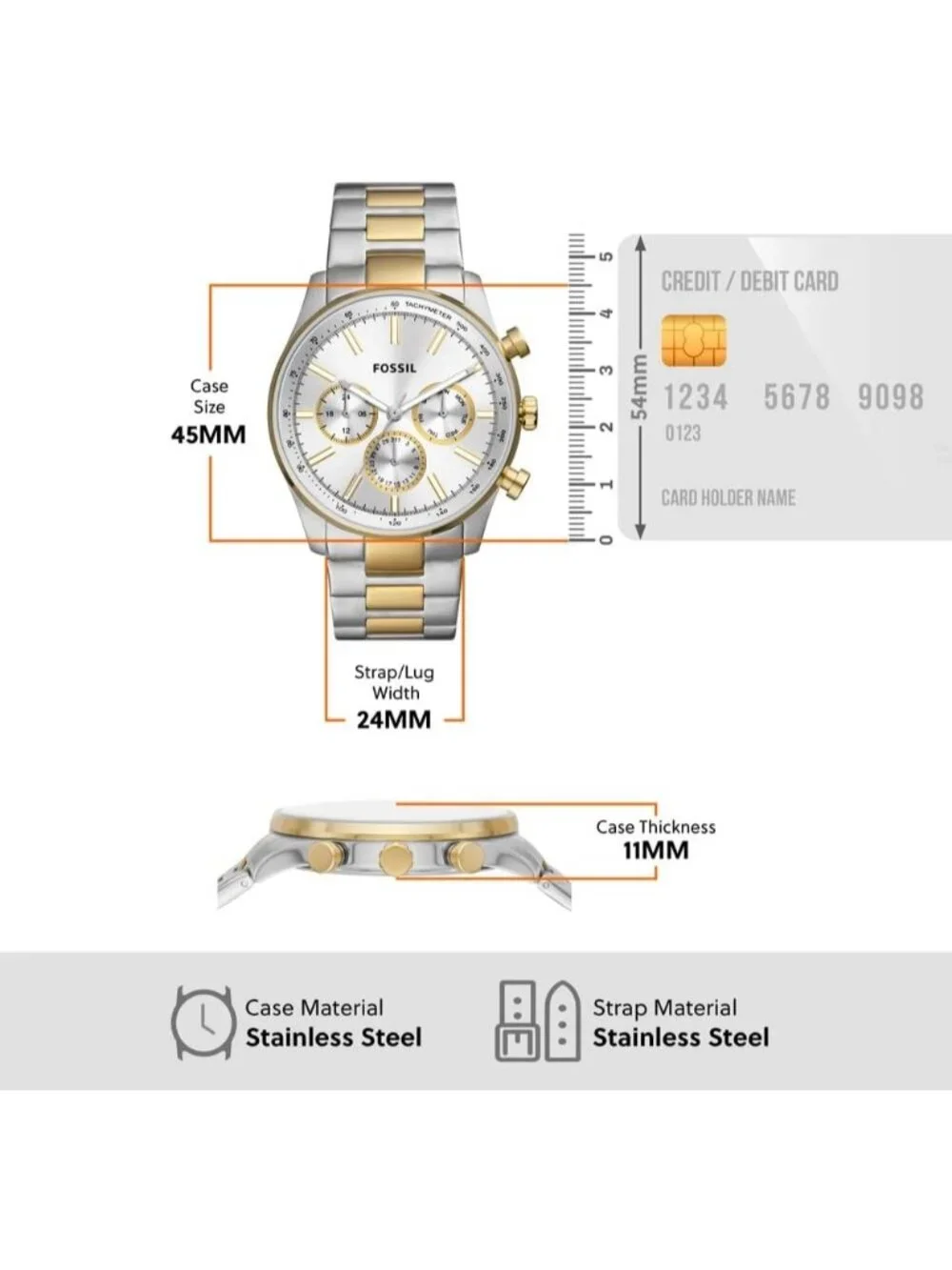 Men's Gold Silver Two Tone Multifunction Stainless Steel Casual Wrist Watches